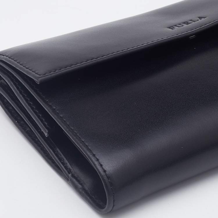 Pre Owned Furla Black Glossy Leather Logo Trifold Compact Wallet 