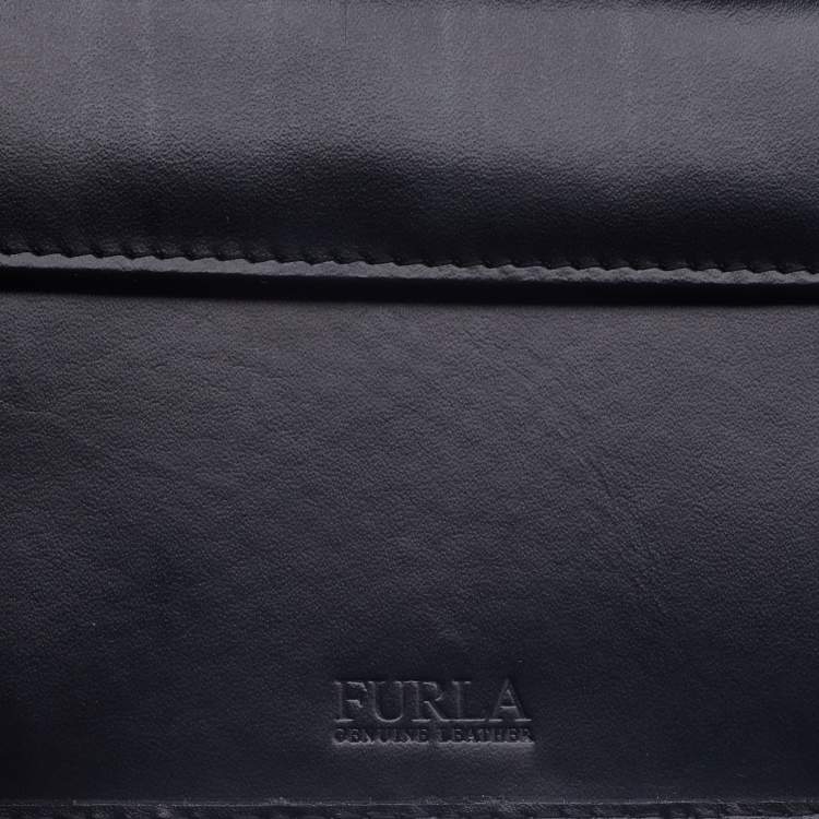 Pre Owned Furla Black Glossy Leather Logo Trifold Compact Wallet 
