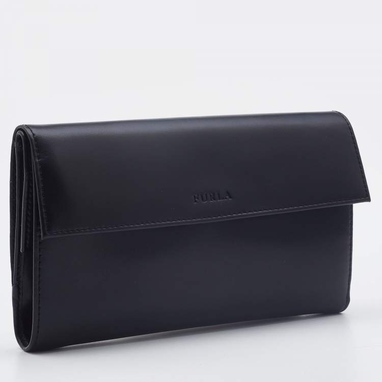 Pre Owned Furla Black Glossy Leather Logo Trifold Compact Wallet 