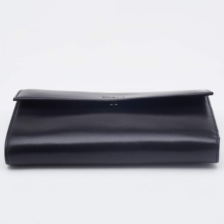 Pre Owned Furla Black Glossy Leather Logo Trifold Compact Wallet 