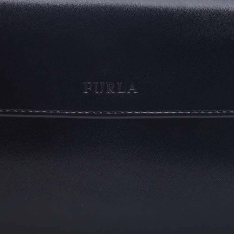 Pre Owned Furla Black Glossy Leather Logo Trifold Compact Wallet 