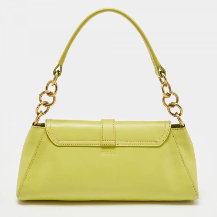 Pre Owned Furla Green Leather Flap Baguette Bag