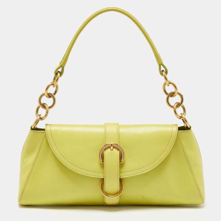 Pre Owned Furla Green Leather Flap Baguette Bag