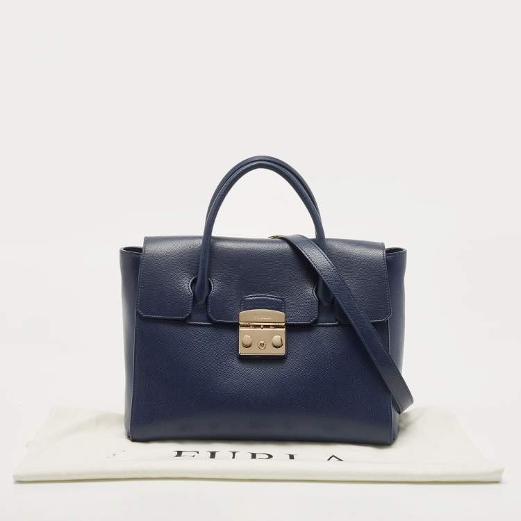Pre Owned Furla Navy Blue Leather Large Metropolis Tote