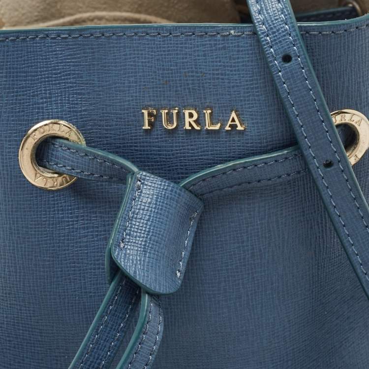 Pre Owned Furla Blue Leather Mini Stacy Bucket Bag