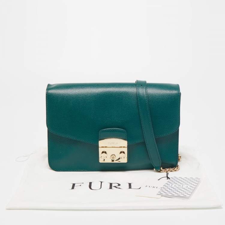 Pre Owned Furla Green Leather Small Metropolis Shoulder Bag