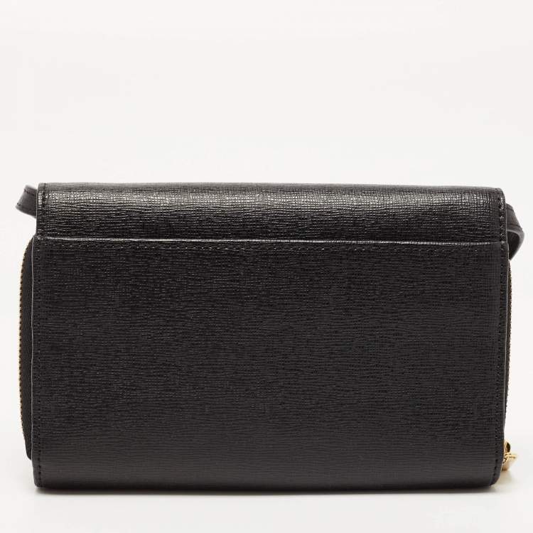 Pre Owned Furla Black Leather Logo Flap Wallet on Strap