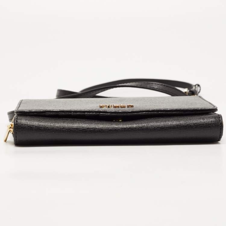 Pre Owned Furla Black Leather Logo Flap Wallet on Strap