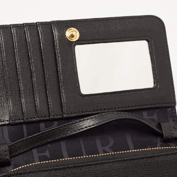 Pre Owned Furla Black Leather Logo Flap Wallet on Strap