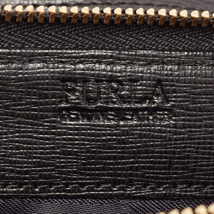 Pre Owned Furla Black Leather Logo Flap Wallet on Strap
