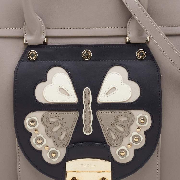 Pre Owned Furla Taupe/Black Leather Metropolis Magia Tote