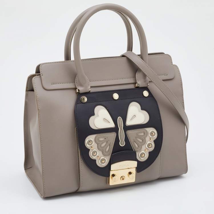 Pre Owned Furla Taupe/Black Leather Metropolis Magia Tote