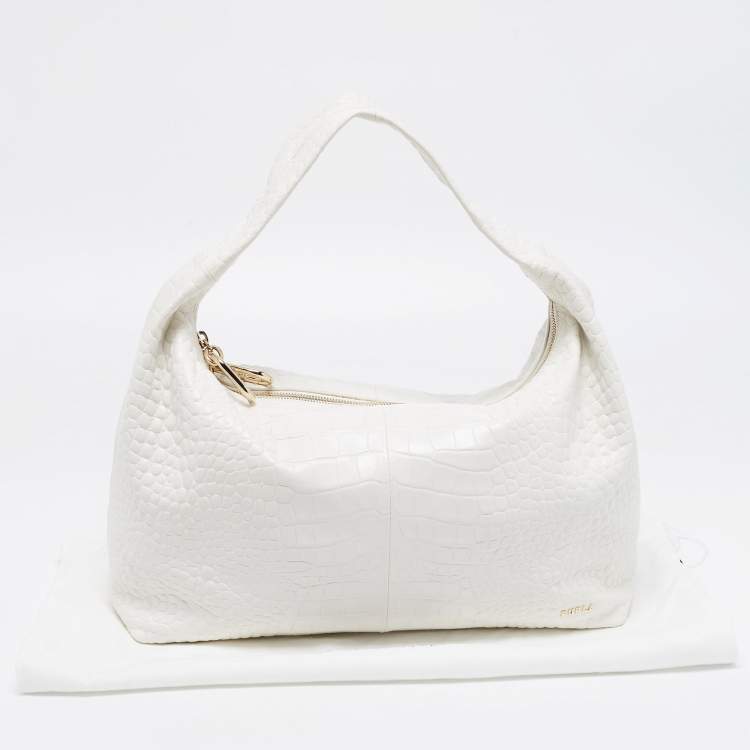 Pre Owned Furla White Croc Embossed Leather Ginger L Hobo
