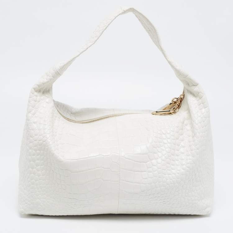 Pre Owned Furla White Croc Embossed Leather Ginger L Hobo