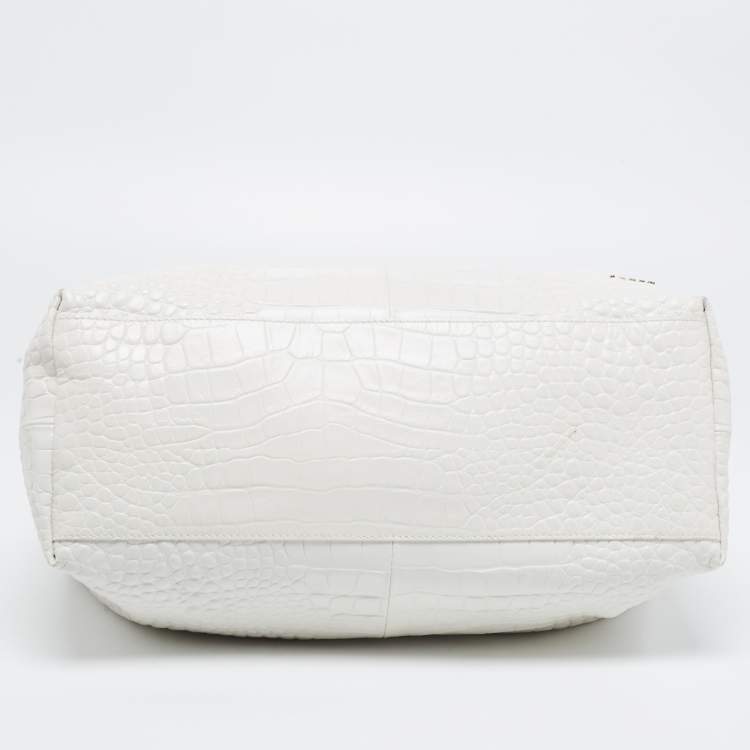 Pre Owned Furla White Croc Embossed Leather Ginger L Hobo