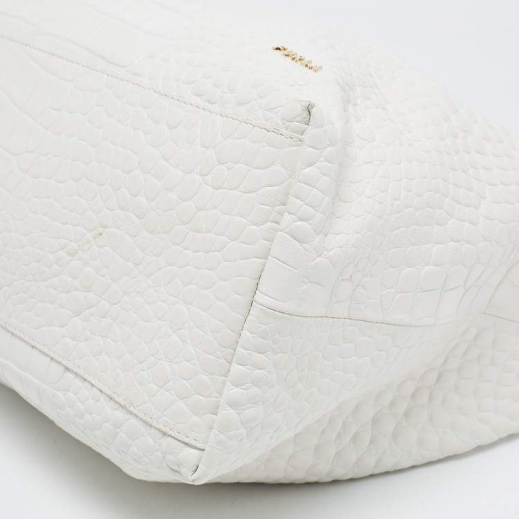Pre Owned Furla White Croc Embossed Leather Ginger L Hobo