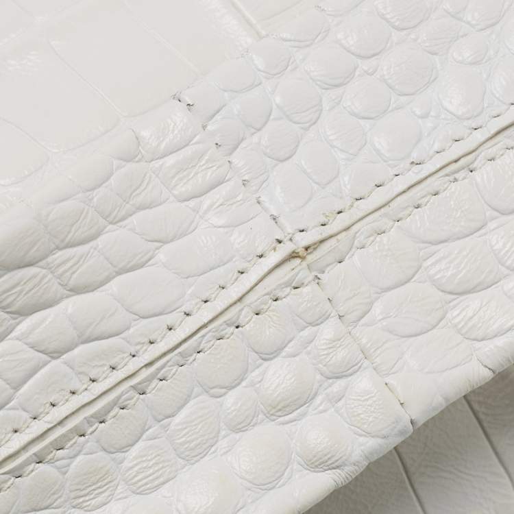 Pre Owned Furla White Croc Embossed Leather Ginger L Hobo