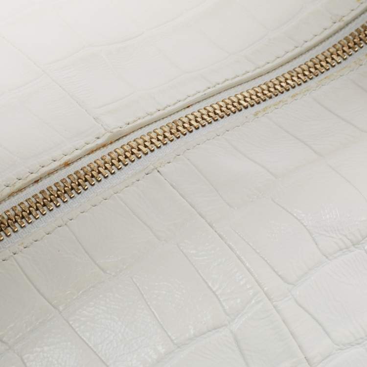 Pre Owned Furla White Croc Embossed Leather Ginger L Hobo