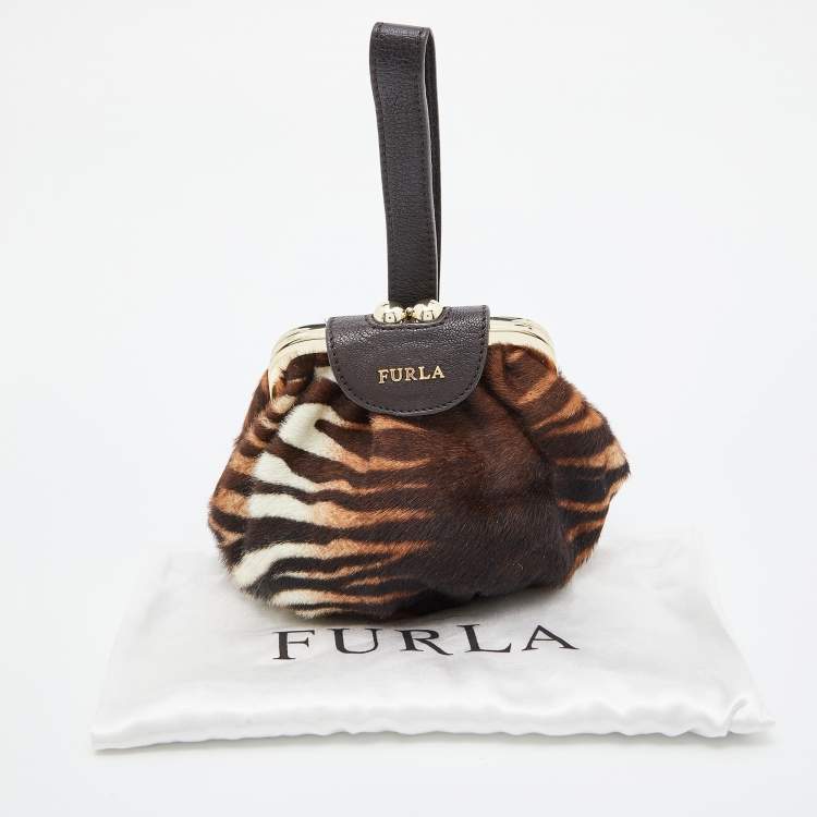 Pre Owned Furla Brown Calfhair and Leather Frame Wristlet Pouch