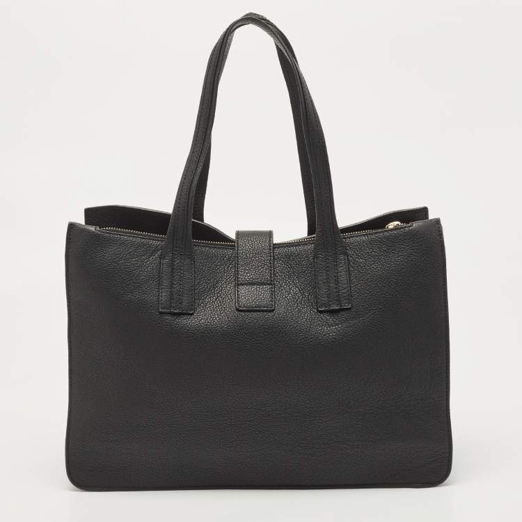 Pre Owned Furla Black Leather Pushlock Flap Tote