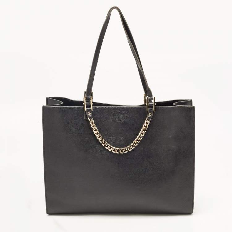 Pre Owned Furls Black Leather Chain Link Shopper Tote 