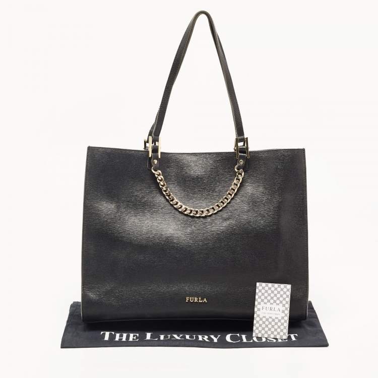 Pre Owned Furls Black Leather Chain Link Shopper Tote 