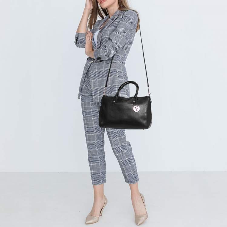 Pre Owned Furla Black Leather Top Zip Tote