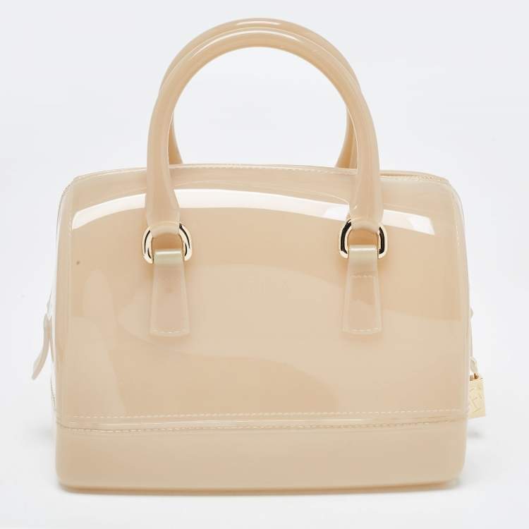 Pre Owned Furla Beige Glossy Rubber Mini Candy Satchel