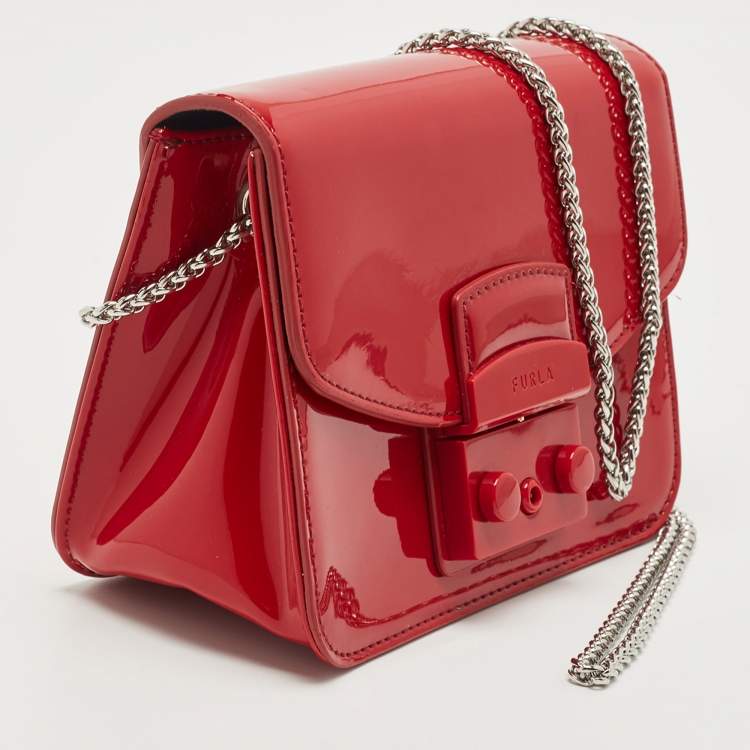Pre Owned Furla Red Patent Leather Mini Metropolis Crossbody Bag