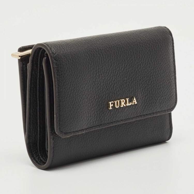 Pre Owned Furla Black Leather Logo French Wallet