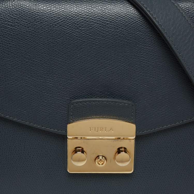 Pre Owned Furla Navy Blue Leather Metropolis S Top Handle Bag