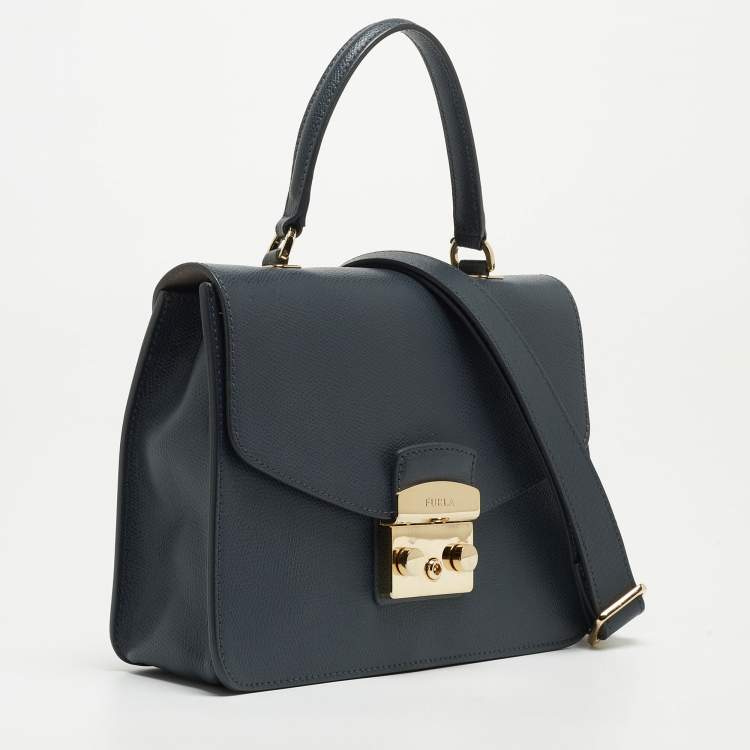 Pre Owned Furla Navy Blue Leather Metropolis S Top Handle Bag