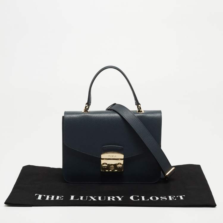 Pre Owned Furla Navy Blue Leather Metropolis S Top Handle Bag