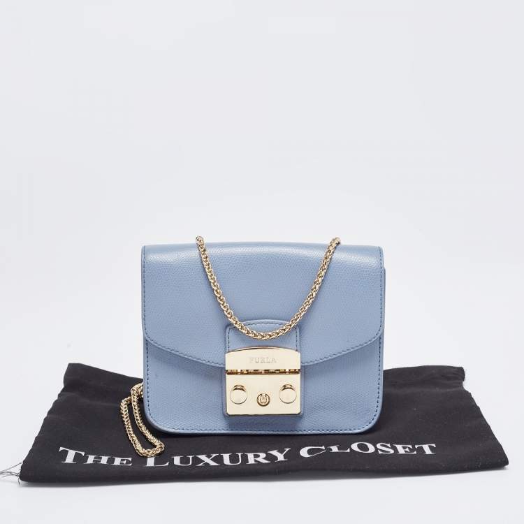 Pre Owned Furla Light Blue Leather Mini Metropolis Crossbody Bag