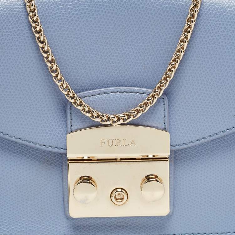 Pre Owned Furla Light Blue Leather Mini Metropolis Crossbody Bag