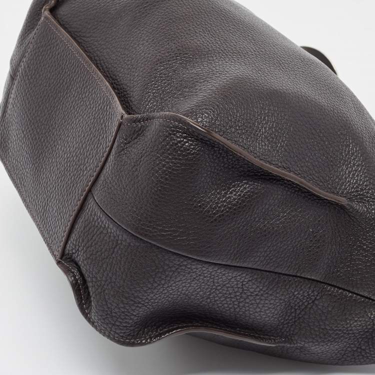 Pre Owned Furla Dark Brown Grained Leather Ring Handle Hobo