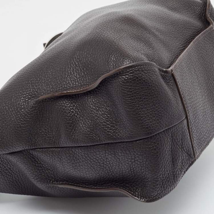 Pre Owned Furla Dark Brown Grained Leather Ring Handle Hobo