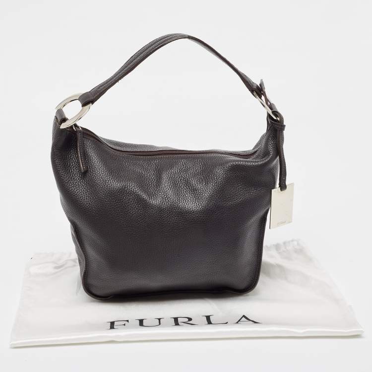 Pre Owned Furla Dark Brown Grained Leather Ring Handle Hobo