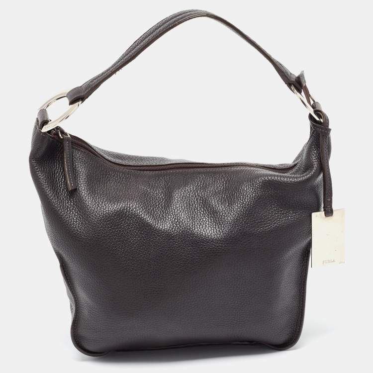 Pre Owned Furla Dark Brown Grained Leather Ring Handle Hobo