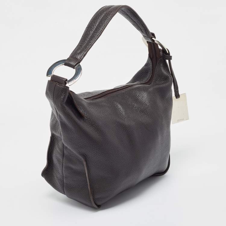 Pre Owned Furla Dark Brown Grained Leather Ring Handle Hobo