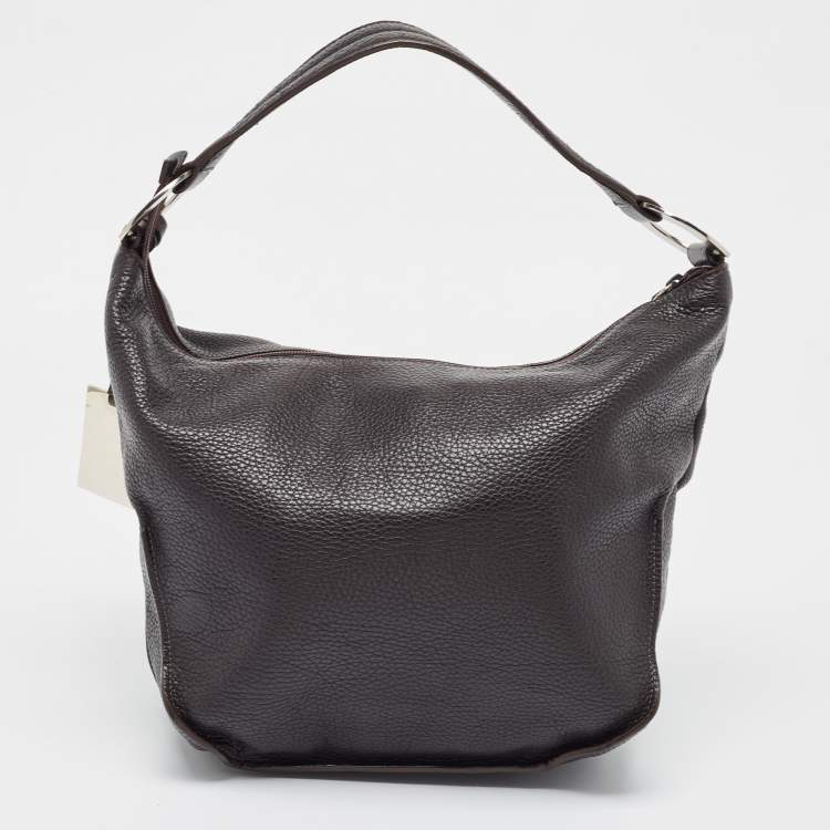 Pre Owned Furla Dark Brown Grained Leather Ring Handle Hobo
