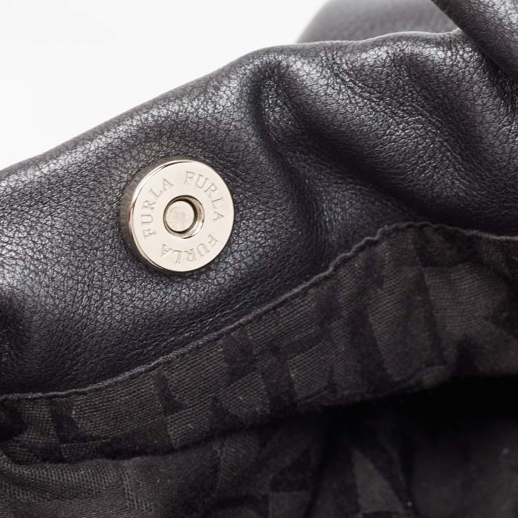 Pre Owned Furla Metallic Dark Grey Leather Drawstring  Tote