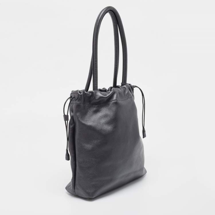 Pre Owned Furla Metallic Dark Grey Leather Drawstring  Tote