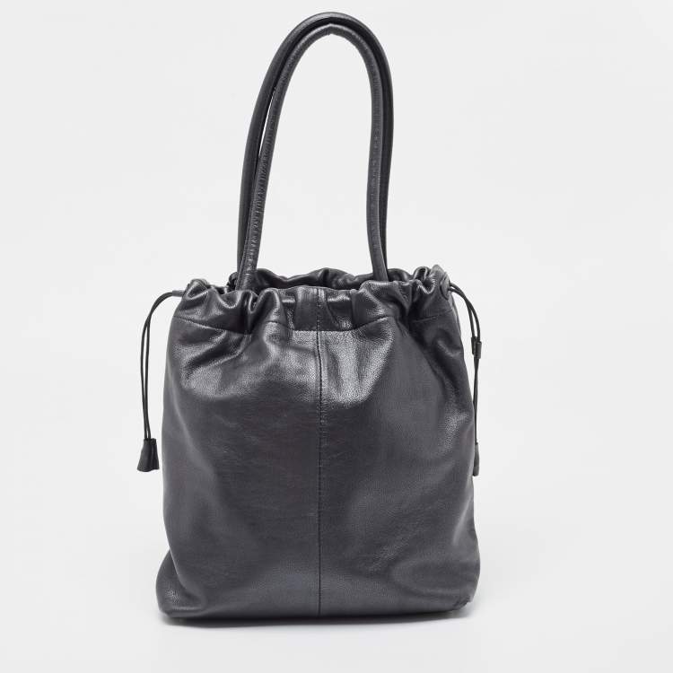 Pre Owned Furla Metallic Dark Grey Leather Drawstring  Tote