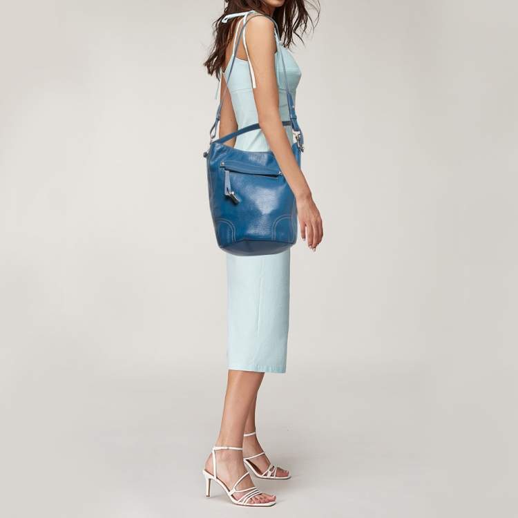 Pre Owned Furla Blue Leather Front Pocket Bucket Bag