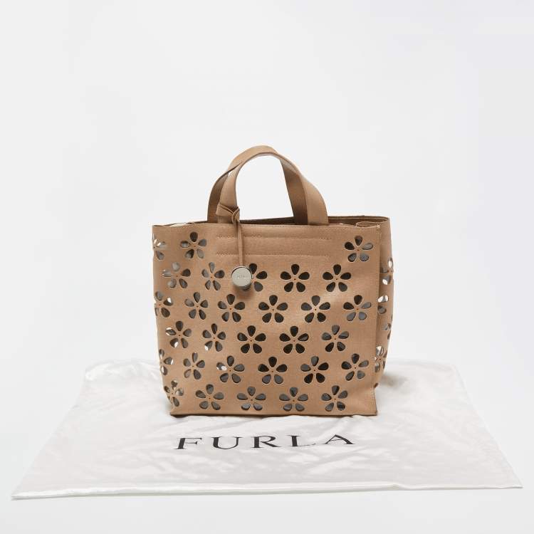 Pre Owned Furla Beige floral Lasercut Leather Tote