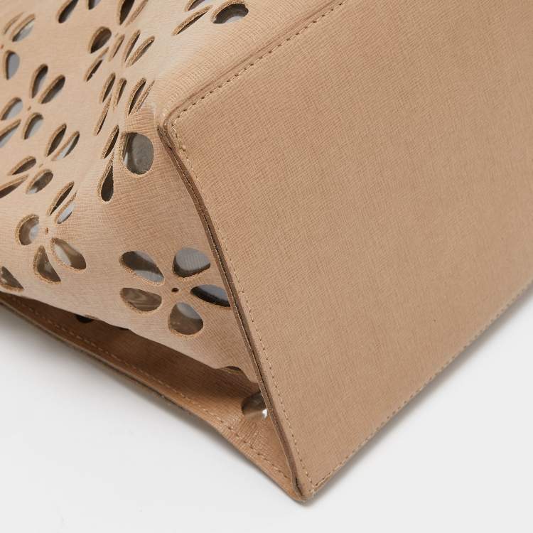 Pre Owned Furla Beige floral Lasercut Leather Tote