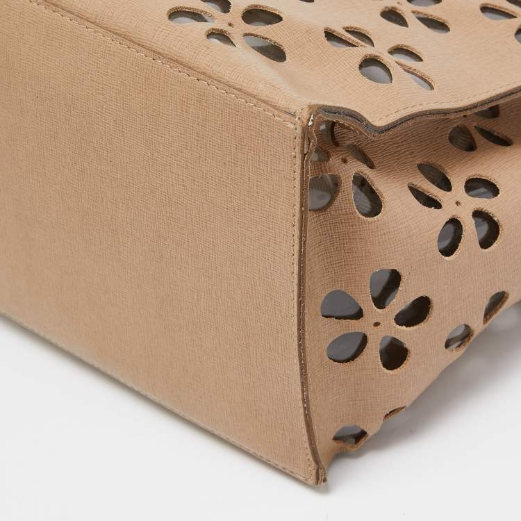 Pre Owned Furla Beige floral Lasercut Leather Tote