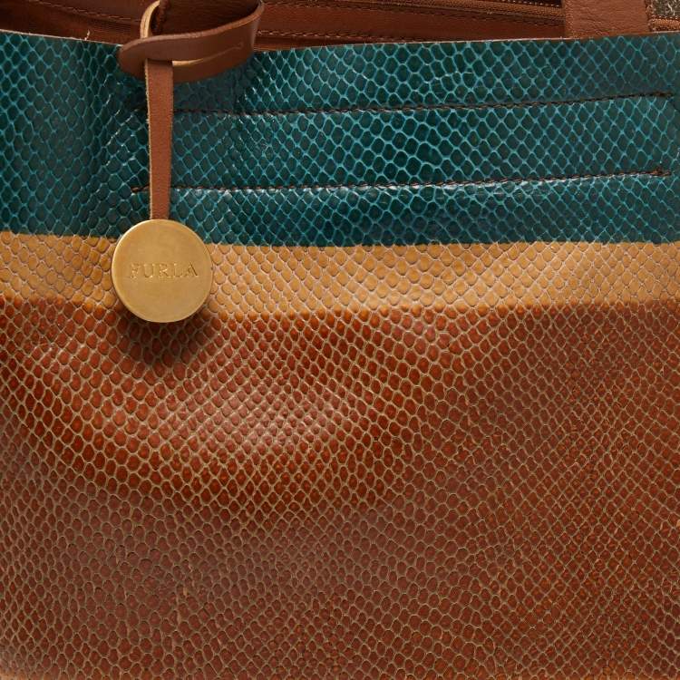 Pre Owned Furla Multicolor Snakeskin Embossed and Leather Stripe Musa Tote