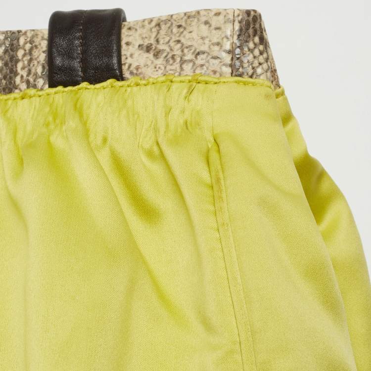 Pre Owned Furla Neon Yellow/Brown Satin And Snakeskin Embossed Leather Tote